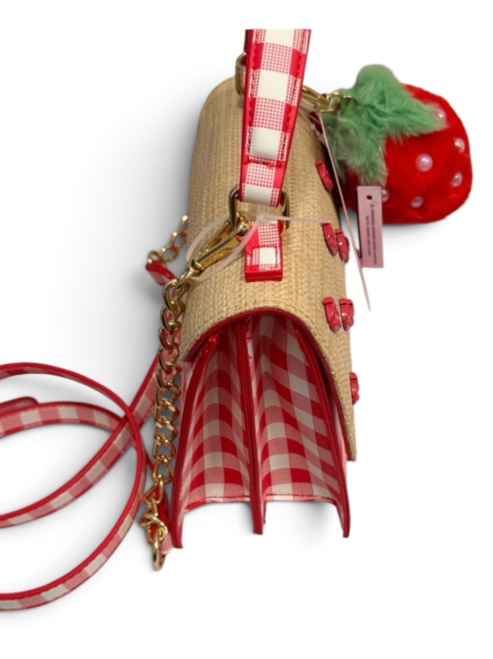 BETSEY Johnson strawberry gingham straw Crossbody bag NWT Red white picnic - Picture 6 of 13
